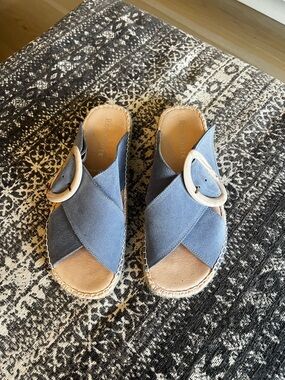 Blue Suede Cross-Band Buckle Slide Mules